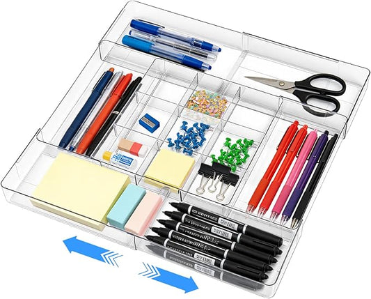 Acrylic Drawer Organizer, Expandable Drawer Organizer Trays, Desk Organizers and Accessories, Adjustable Compartments Desk Accessories for Makeup Utensil Junk Office Kitchen Bathroom