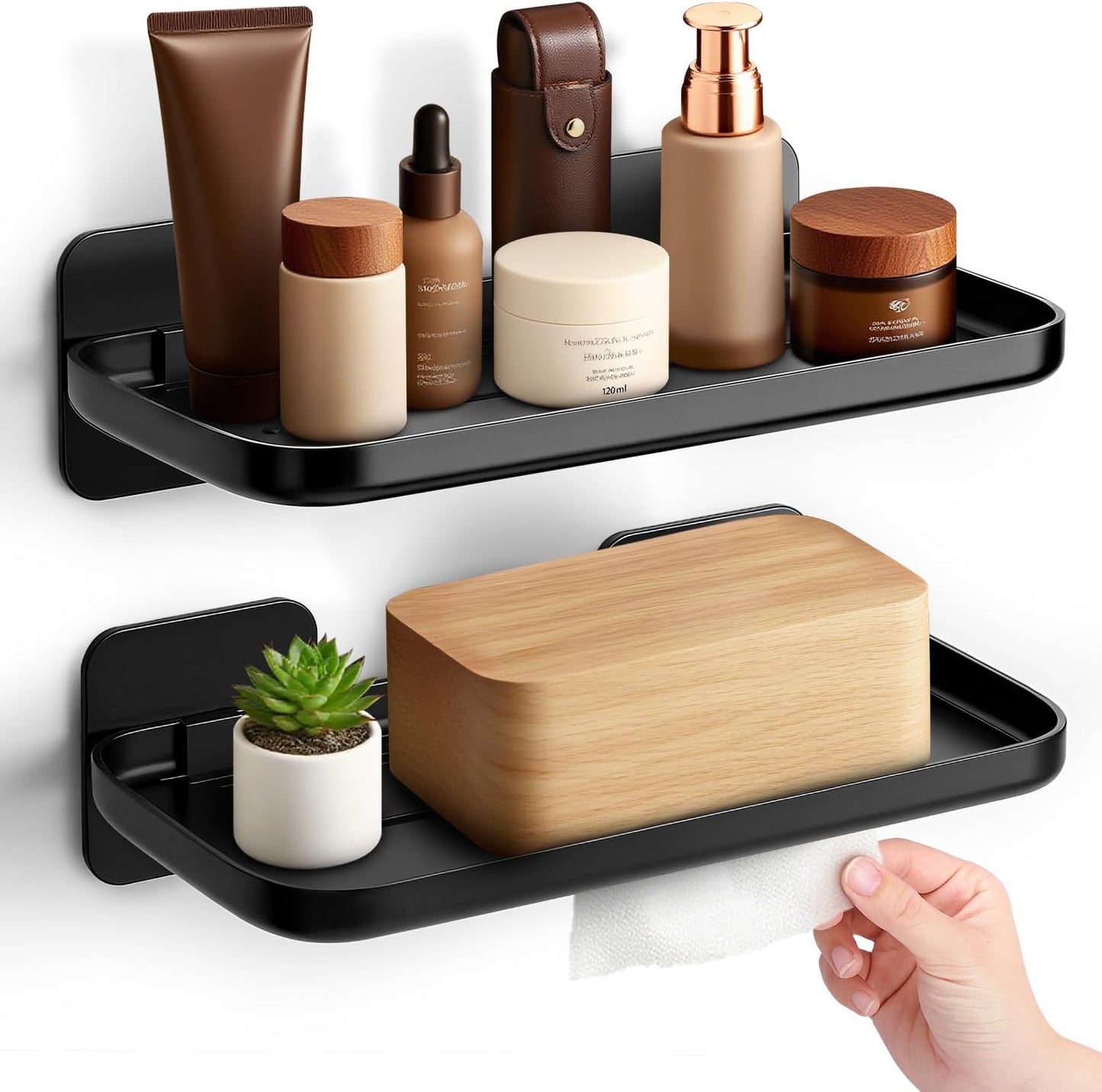 Adhesive Floating Wall Shelves — No Drilling, Damage-Free, 2 Pack (Black)