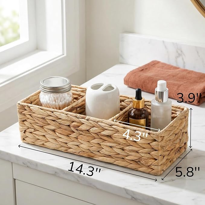 2 Pack 3-Section Woven Baskets, Water Hyacinth Storage Bin, Handwoven Desk Organizer, Toilet Paper Container, Rectangle Holder for Counter Top Toilet Tank Shelves Coffee Bar Pantry