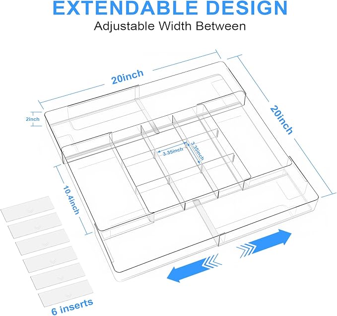 Acrylic Drawer Organizer, Expandable Drawer Organizer Trays, Desk Organizers and Accessories, Adjustable Compartments Desk Accessories for Makeup Utensil Junk Office Kitchen Bathroom