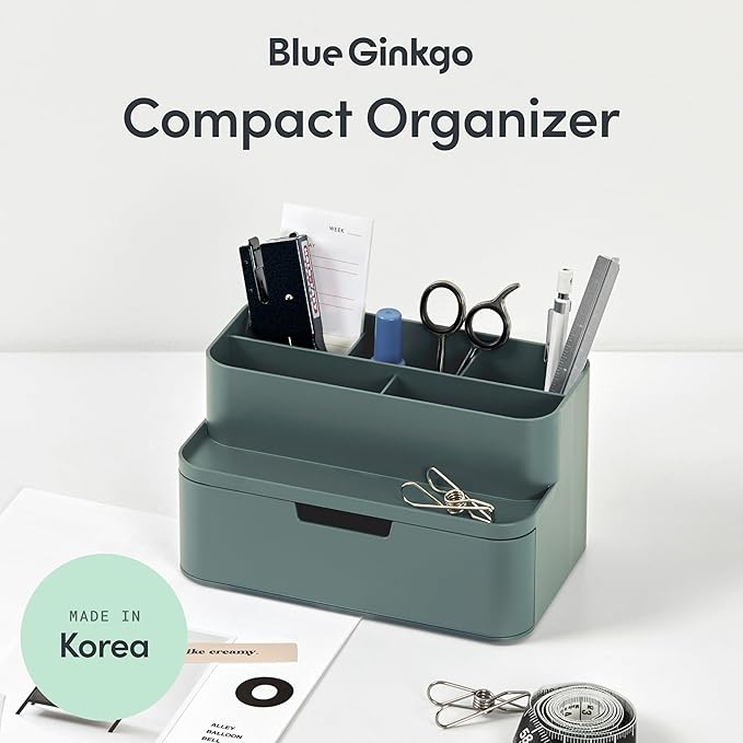 BLUE GINKGO Compact Desk Organizer – Small 5-Compartment, Half Drawer Storage – Pen Holder, Stationery Organizer for Desktop, Vanity, Shelf (Made in Korea, Green)