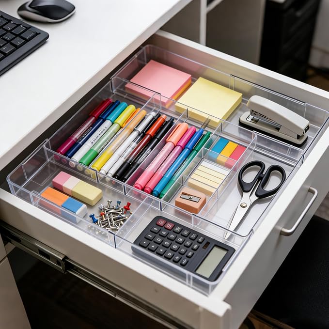 Acrylic Drawer Organizer, Expandable Drawer Organizer Trays, Desk Organizers and Accessories, Adjustable Compartments Desk Accessories for Makeup Utensil Junk Office Kitchen Bathroom