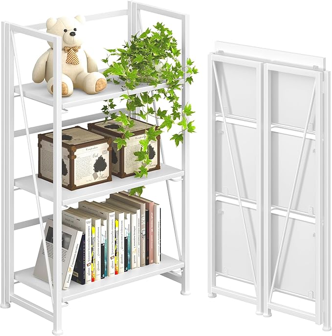 4NM No Assembly Folding Bookshelf Storage Shelves 3 Tiers Vintage Bookcase Standing Racks Study Organizer Home Office (All White)