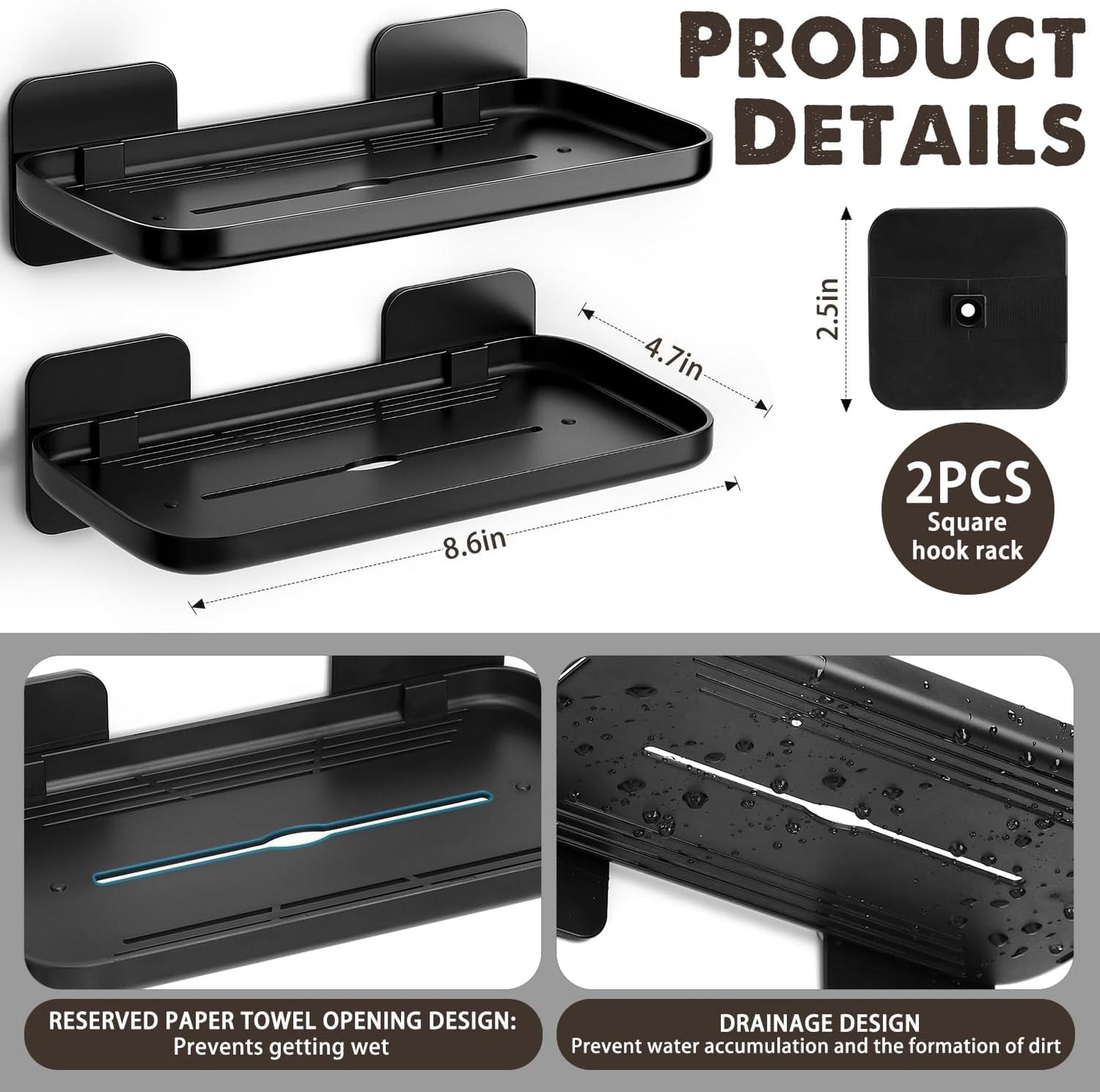 Adhesive Floating Wall Shelves — No Drilling, Damage-Free, 2 Pack (Black)