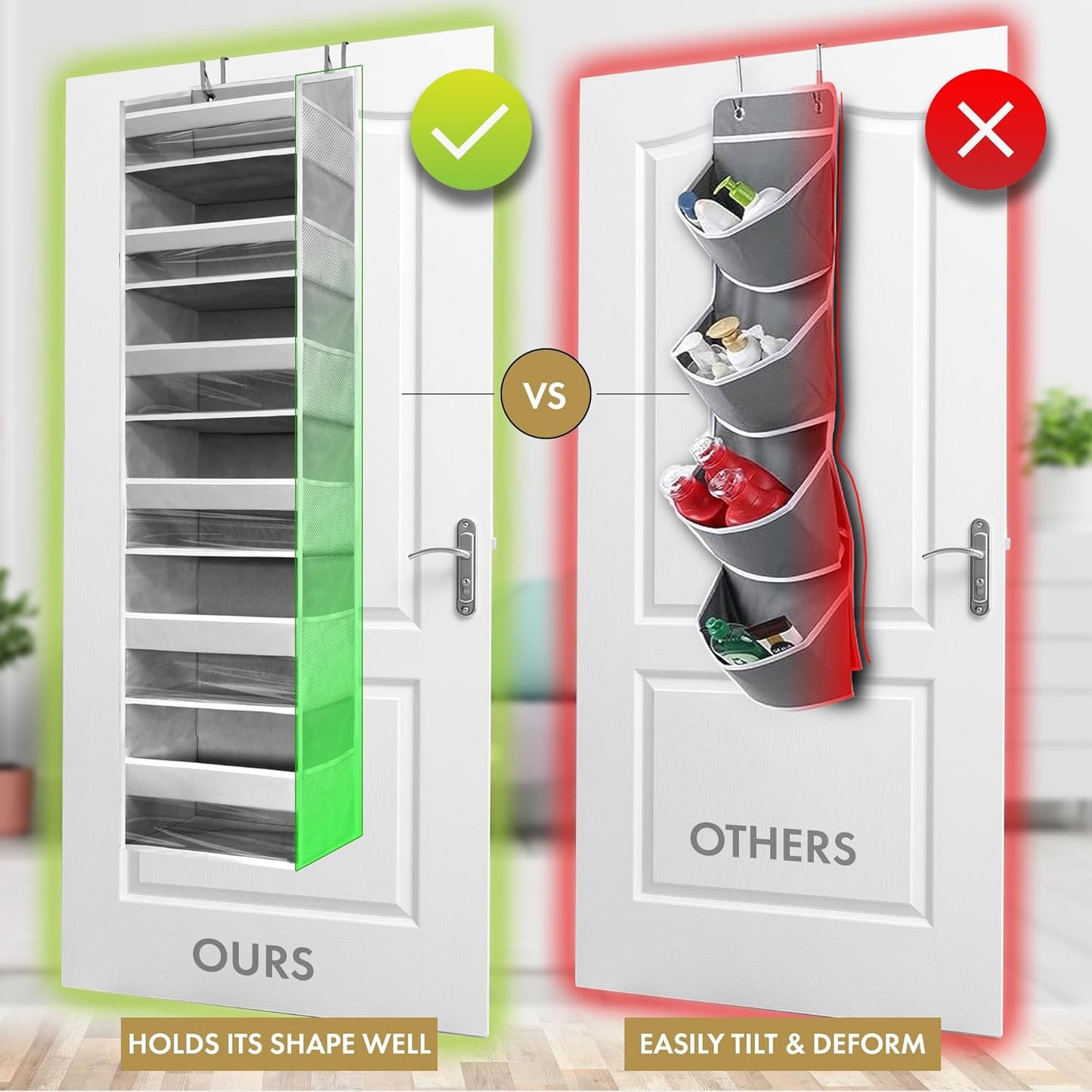 Over-Door Organizer with 6 Pockets + 12 Mesh Sides — Holds 50lbs, No Drilling (Ivory)