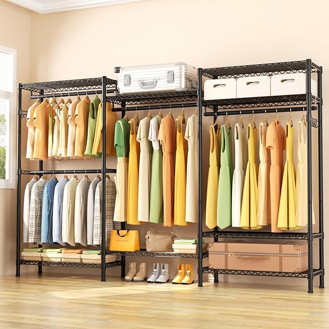 Heavy Duty Garment Rack Clothes Rack,Large Metal Closet Organizer System Storage Wardrobe,Freestanding Clothing Rack with 8 Adjustable Wire Shelves&4 Hang Rods,MaxLoad 800lbs