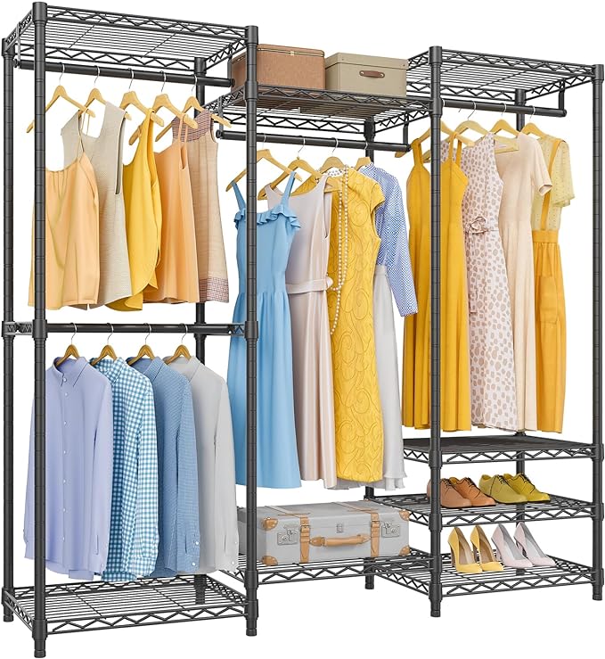 VIPEK V5 Medium Portable Closet Wardrobe Heavy Duty Clothes Rack, Freestanding Closet Metal Clothing Rack with 4 Hang Rods & 8 Shelves, Adjustable Custom Closet Rack, 56.7" Lx15.7 Wx76.4 H, Black