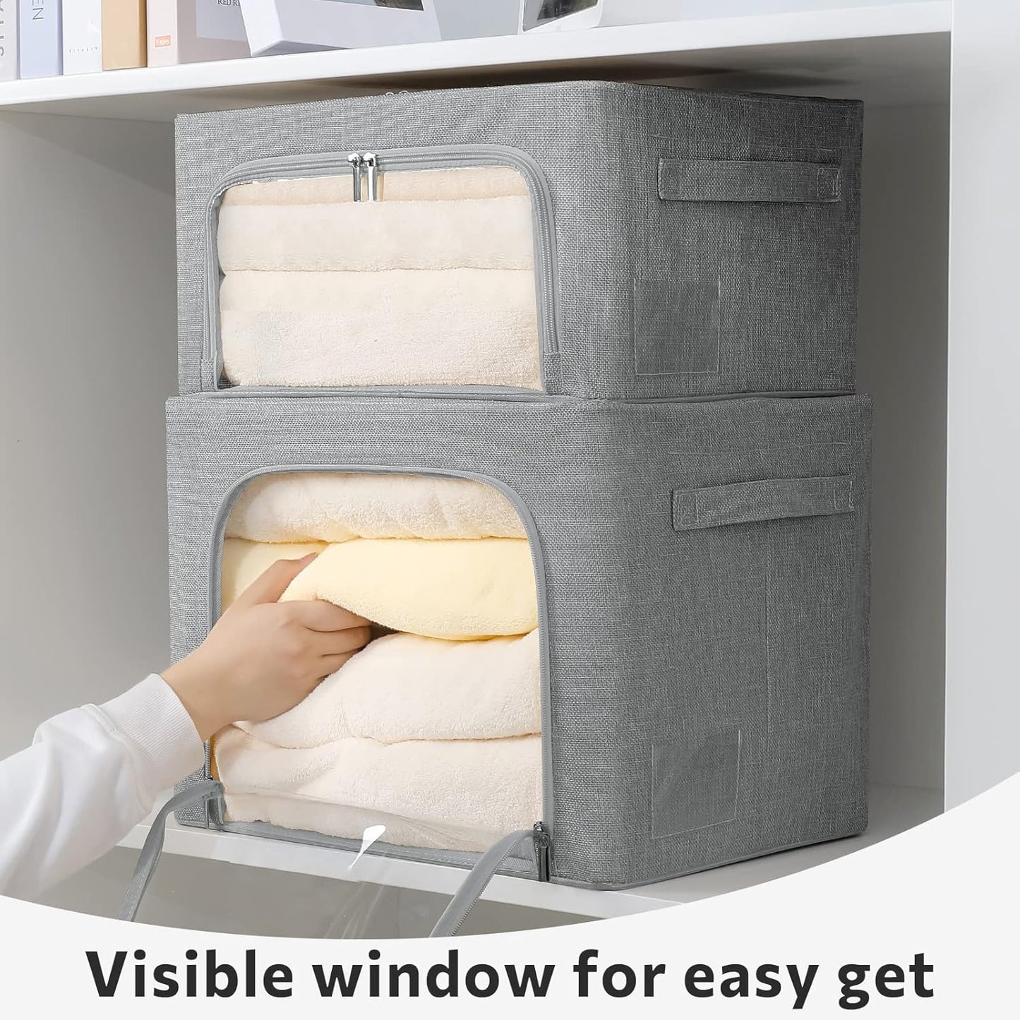 FHSQX 2 Pack Clear Window Storage Bins Stackable Linen Fabric Storage for Clothes Foldable Box Organizer Set with Carrying Handles-36L (Gray, 15.7x 11.8x 11.7 Inch)