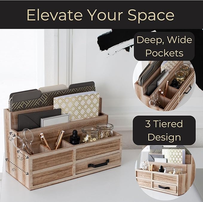 BLU MONACO | Natural Wood Mail Organizer with Drawer & Pen Holder | Rustic Desk Organizer for Bills, Letters & Countertop Storage | Wooden Desktop Mail Sorter for Home & Kitchen