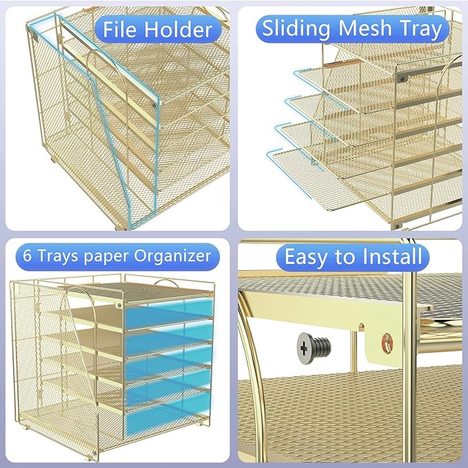 gianotter 6-Tier Paper Organizer With Magazine Holder, Desk Organizers and Accessories, Desk Accessories & Workspace Organizers, File Organizer for Office Supplies Storag (Gold, 6-Tier)