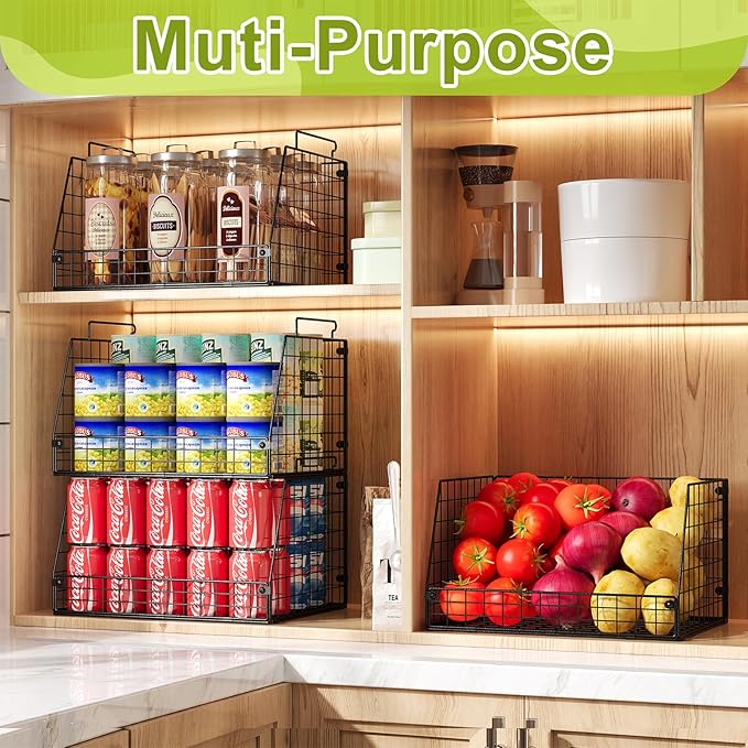 4 Pack XXL Stackable Wire Storage Basket, Extra Large Capacity Pantry Organizer and Storage, Muti-Purpose for Vegetable Fruit Basket & Can Organizer & Snack Rack & Metal Pantry Bin