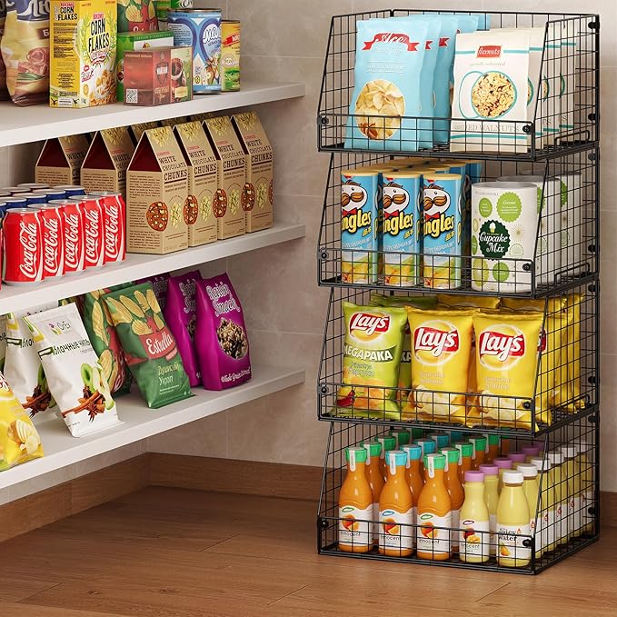 4 Pack XXL Stackable Wire Storage Basket, Extra Large Capacity Pantry Organizer and Storage, Muti-Purpose for Vegetable Fruit Basket & Can Organizer & Snack Rack & Metal Pantry Bin
