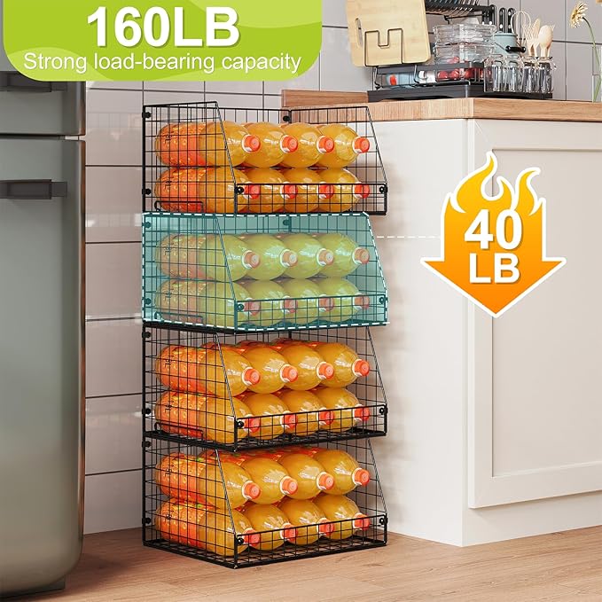 4 Pack XXL Stackable Wire Storage Basket, Extra Large Capacity Pantry Organizer and Storage, Muti-Purpose for Vegetable Fruit Basket & Can Organizer & Snack Rack & Metal Pantry Bin