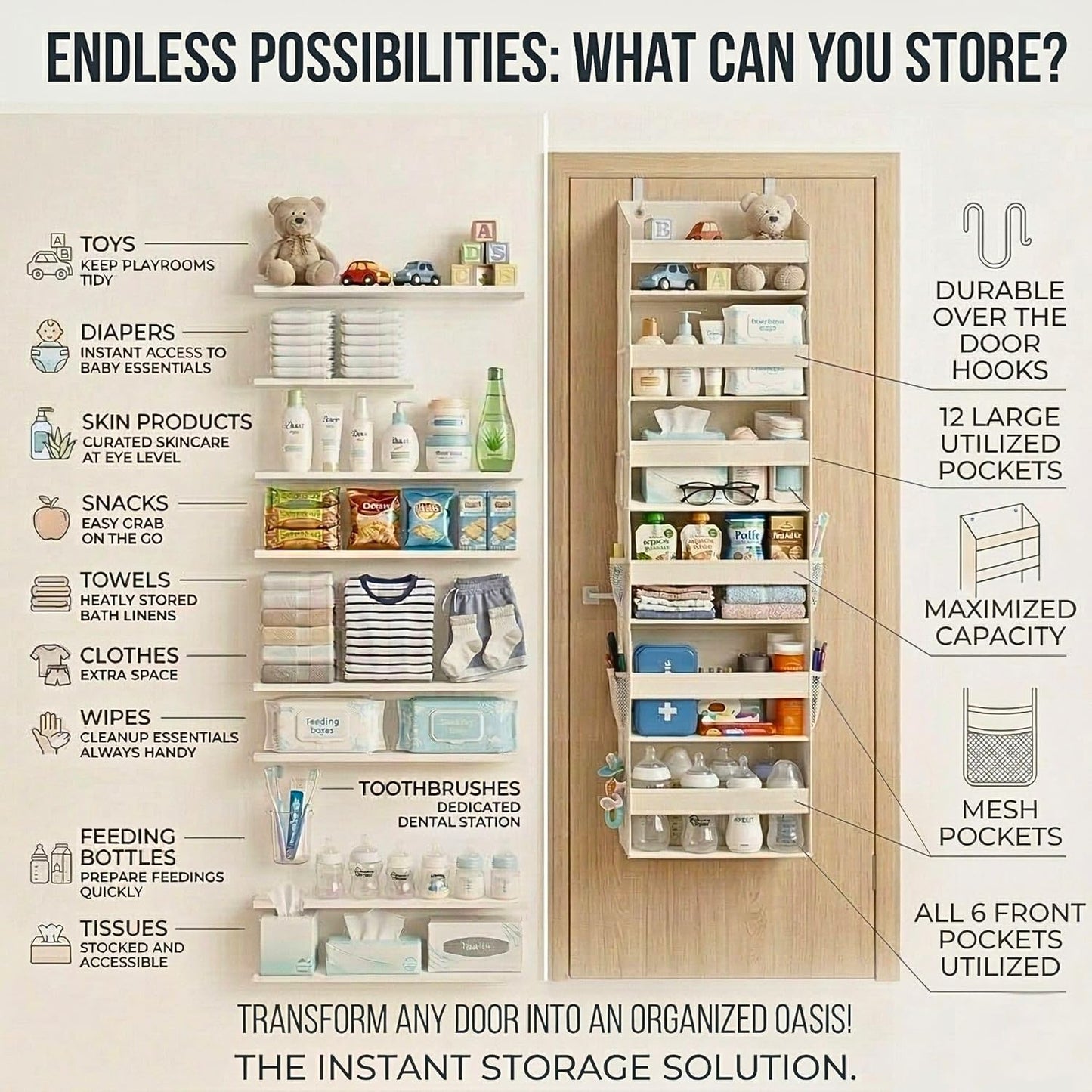 Over-Door Organizer with 6 Pockets + 12 Mesh Sides — Holds 50lbs, No Drilling (Ivory)