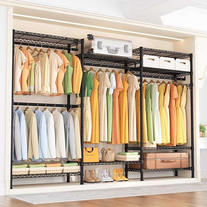Heavy Duty Garment Rack Clothes Rack,Large Metal Closet Organizer System Storage Wardrobe,Freestanding Clothing Rack with 8 Adjustable Wire Shelves&4 Hang Rods,MaxLoad 800lbs