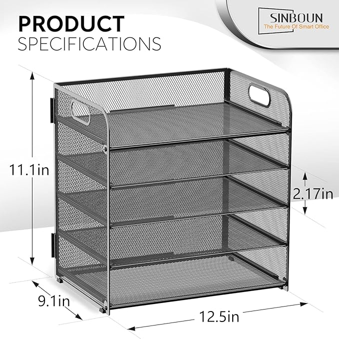 Letter Tray Paper Organizer 5-Tier Desk Organizer File Organizer Paper Holder with Handle, Metal Desktop Document Shelf Tray Office Classroom Organization - Black
