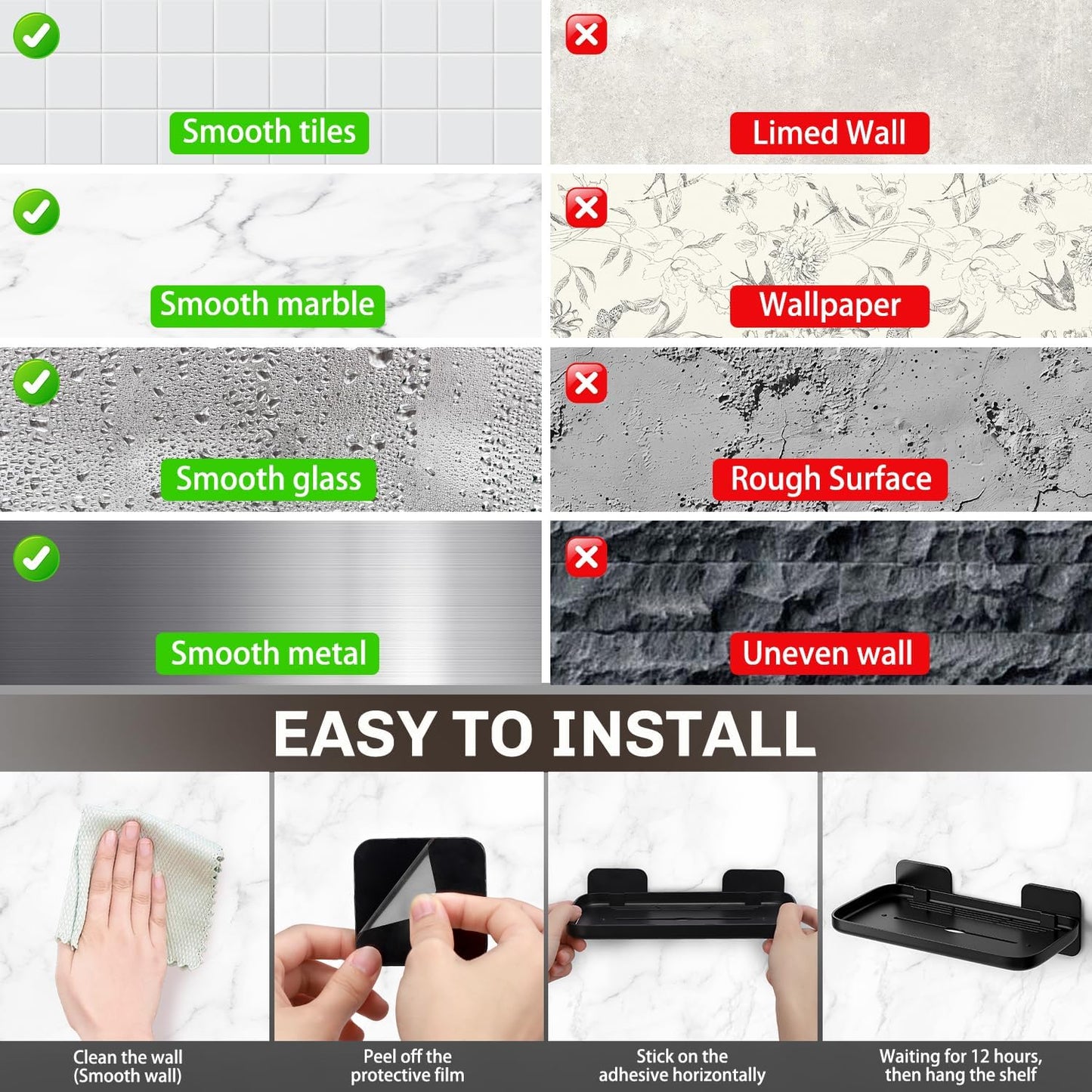 Adhesive Floating Wall Shelves — No Drilling, Damage-Free, 2 Pack (Black)