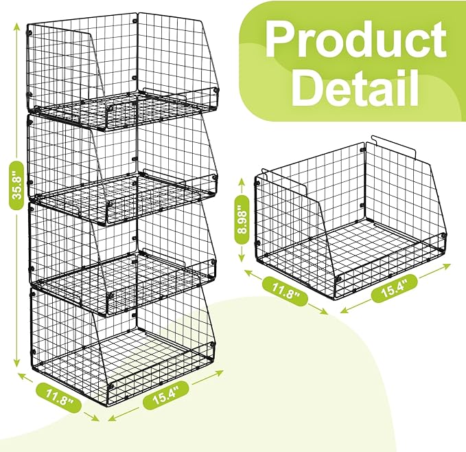4 Pack XXL Stackable Wire Storage Basket, Extra Large Capacity Pantry Organizer and Storage, Muti-Purpose for Vegetable Fruit Basket & Can Organizer & Snack Rack & Metal Pantry Bin