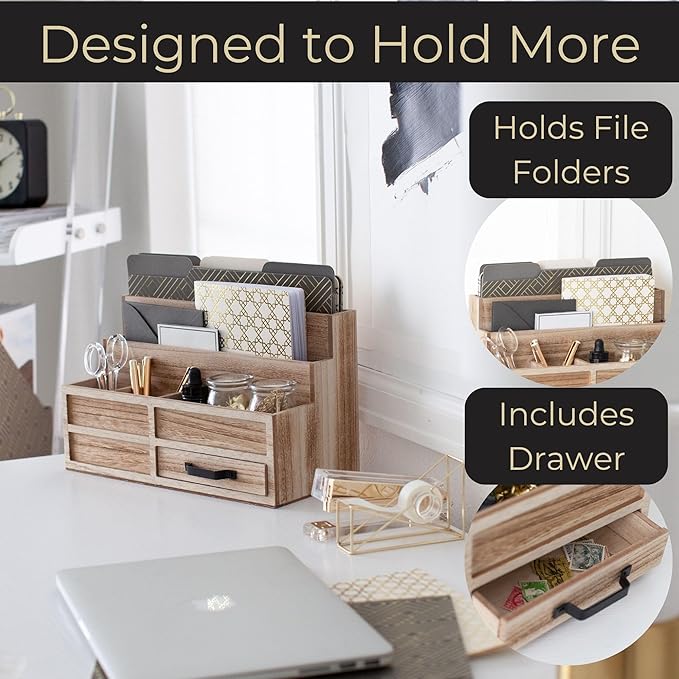 BLU MONACO | Natural Wood Mail Organizer with Drawer & Pen Holder | Rustic Desk Organizer for Bills, Letters & Countertop Storage | Wooden Desktop Mail Sorter for Home & Kitchen