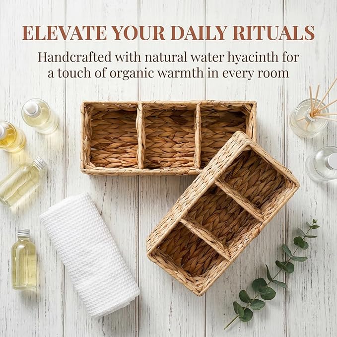 2 Pack 3-Section Woven Baskets, Water Hyacinth Storage Bin, Handwoven Desk Organizer, Toilet Paper Container, Rectangle Holder for Counter Top Toilet Tank Shelves Coffee Bar Pantry