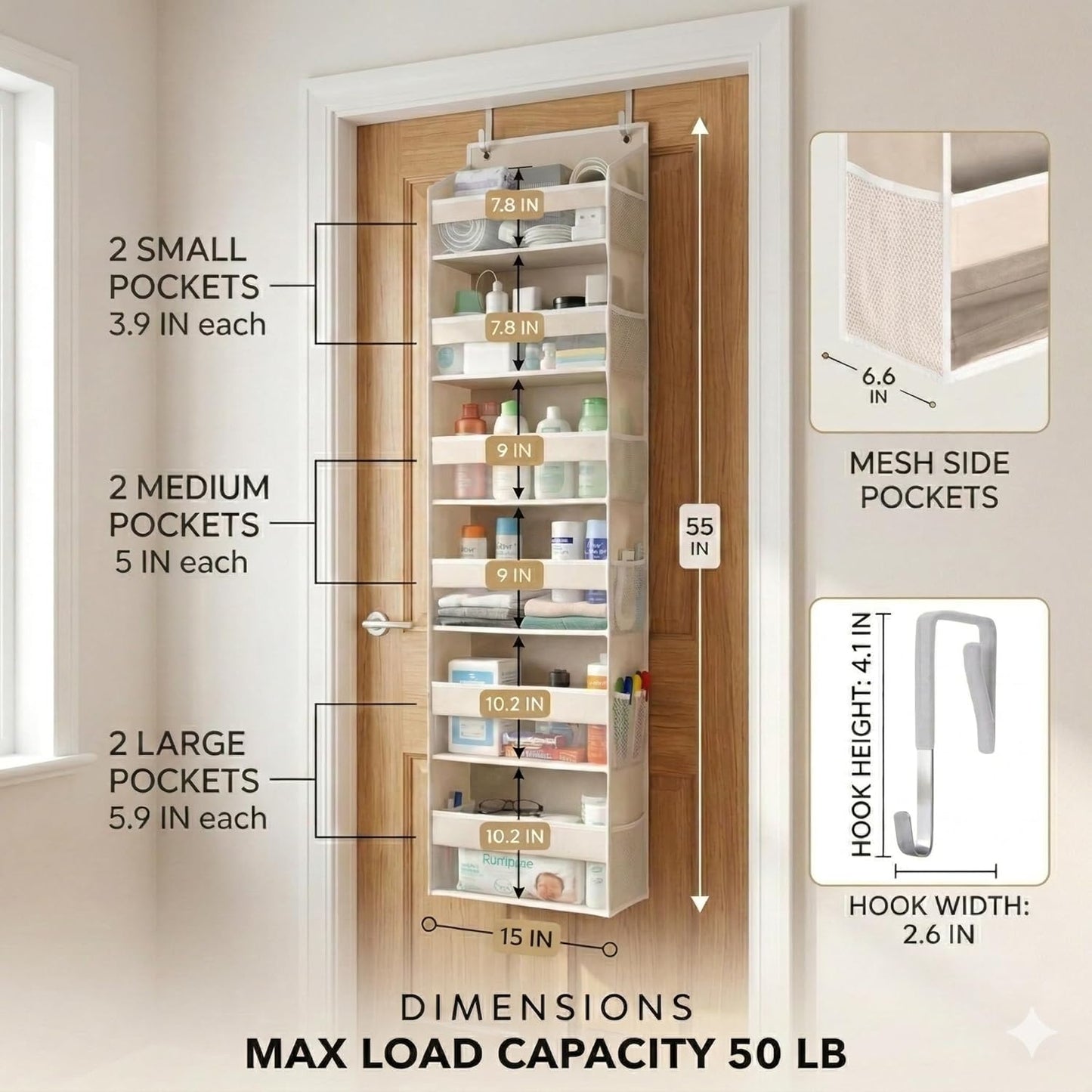 Over-Door Organizer with 6 Pockets + 12 Mesh Sides — Holds 50lbs, No Drilling (Ivory)