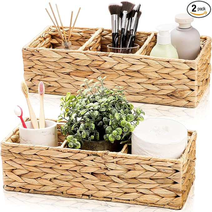 2 Pack 3-Section Woven Baskets, Water Hyacinth Storage Bin, Handwoven Desk Organizer, Toilet Paper Container, Rectangle Holder for Counter Top Toilet Tank Shelves Coffee Bar Pantry