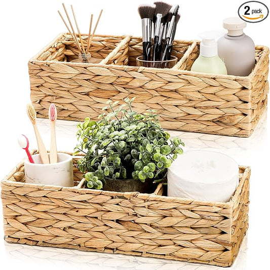 2 Pack 3-Section Woven Baskets, Water Hyacinth Storage Bin, Handwoven Desk Organizer, Toilet Paper Container, Rectangle Holder for Counter Top Toilet Tank Shelves Coffee Bar Pantry