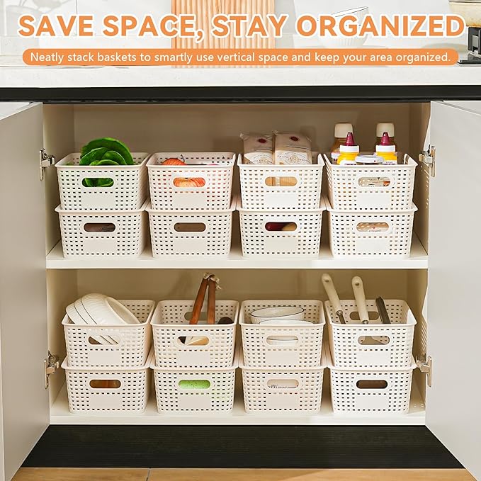10 Pack Plastic Storage Bins with Lids, Stackable Storage Baskets with Handles, Plastic Organizer Bins with Labels for Desk,Shelves,Office, PlasticContainer Bins for Pantry Organizers and Storage