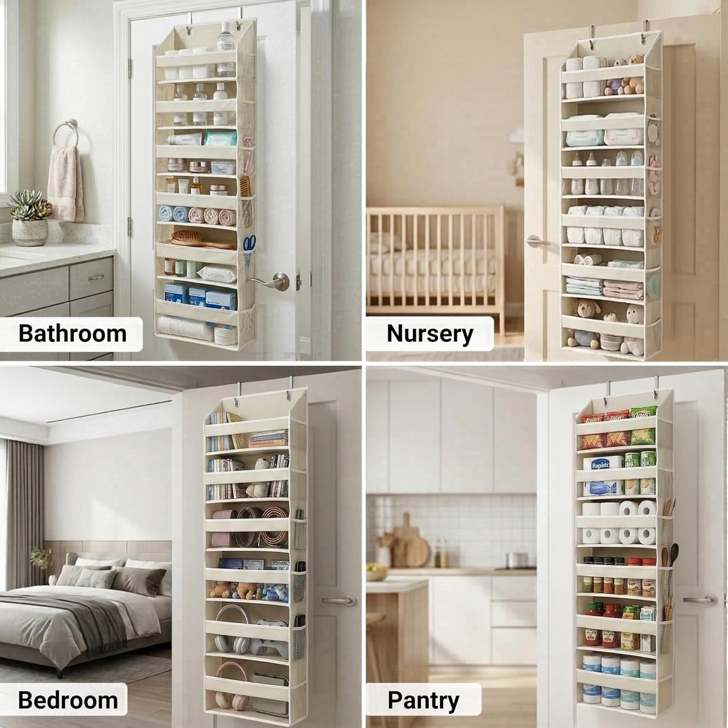 Over-Door Organizer with 6 Pockets + 12 Mesh Sides — Holds 50lbs, No Drilling (Ivory)