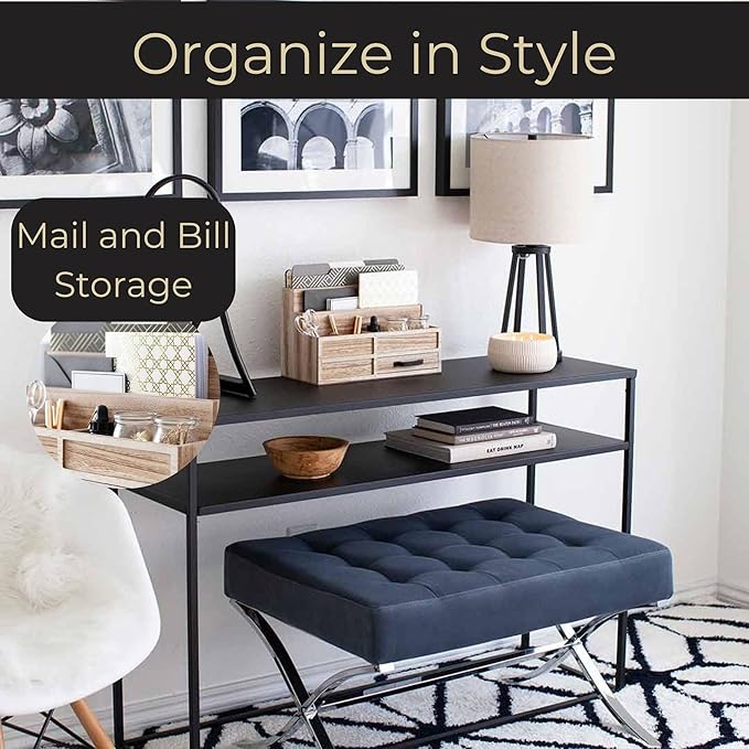 BLU MONACO | Natural Wood Mail Organizer with Drawer & Pen Holder | Rustic Desk Organizer for Bills, Letters & Countertop Storage | Wooden Desktop Mail Sorter for Home & Kitchen