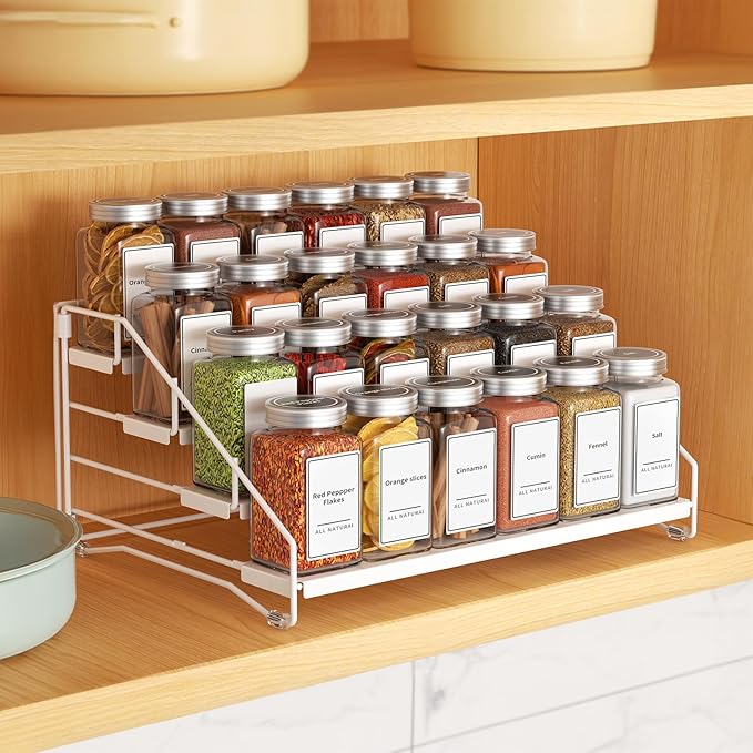 Tiered Spice Rack, 4 Tier Spice Shelf Organizer for Cabinet, Spice Rack Organizer, Depth Adjustable Seasoning Rack Organizer for Cabinet, Countertop, Pantry, Metal, White (1 Pack)
