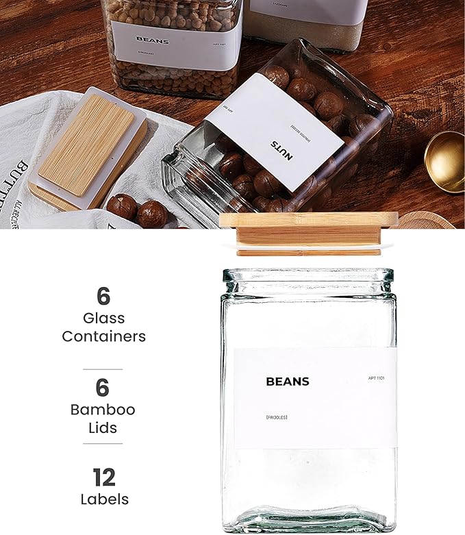 APT 1101 27 oz Glass Storage Jars with Bamboo Lid, set of 6, glass canisters with airtight lids, Clear jars with lids for Cookie, Candy, Tea, Coffee Bean and Rice (White)