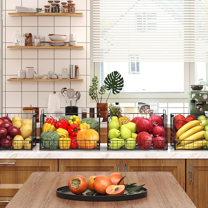 4 Pack XXL Stackable Wire Storage Basket, Extra Large Capacity Pantry Organizer and Storage, Muti-Purpose for Vegetable Fruit Basket & Can Organizer & Snack Rack & Metal Pantry Bin