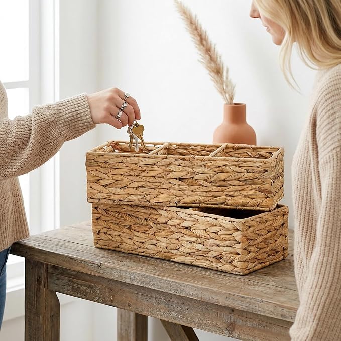 2 Pack 3-Section Woven Baskets, Water Hyacinth Storage Bin, Handwoven Desk Organizer, Toilet Paper Container, Rectangle Holder for Counter Top Toilet Tank Shelves Coffee Bar Pantry