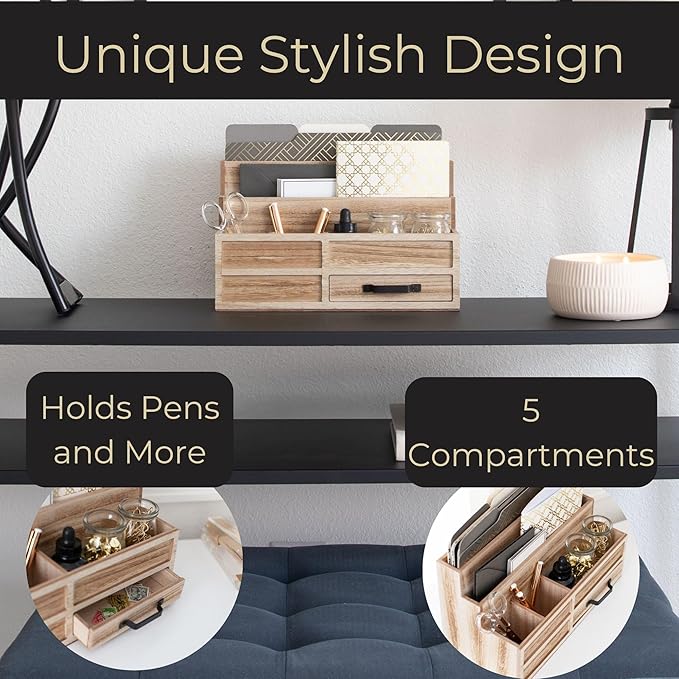 BLU MONACO | Natural Wood Mail Organizer with Drawer & Pen Holder | Rustic Desk Organizer for Bills, Letters & Countertop Storage | Wooden Desktop Mail Sorter for Home & Kitchen