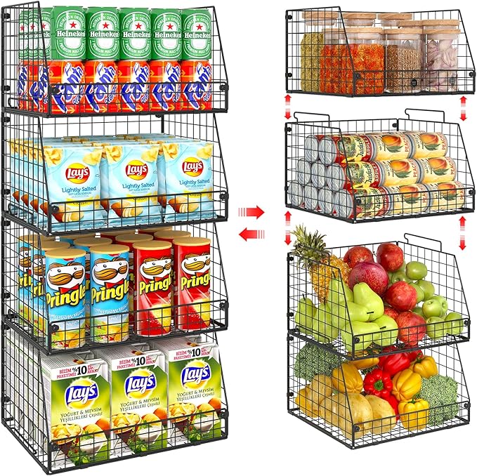 4 Pack XXL Stackable Wire Storage Basket, Extra Large Capacity Pantry Organizer and Storage, Muti-Purpose for Vegetable Fruit Basket & Can Organizer & Snack Rack & Metal Pantry Bin