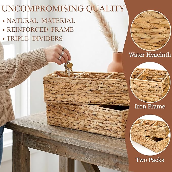 2 Pack 3-Section Woven Baskets, Water Hyacinth Storage Bin, Handwoven Desk Organizer, Toilet Paper Container, Rectangle Holder for Counter Top Toilet Tank Shelves Coffee Bar Pantry