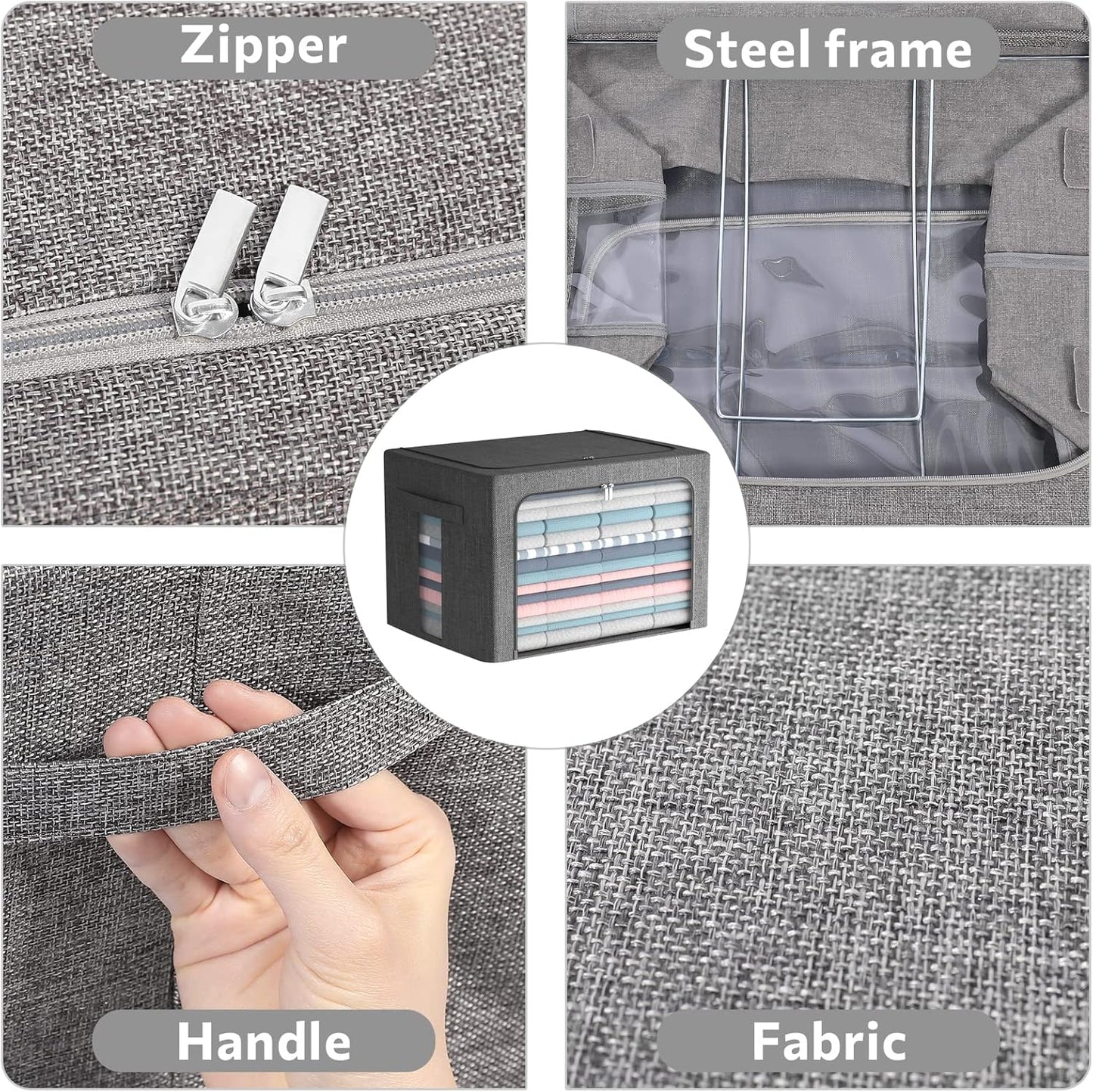 FHSQX 2 Pack Clear Window Storage Bins Stackable Linen Fabric Storage for Clothes Foldable Box Organizer Set with Carrying Handles-36L (Gray, 15.7x 11.8x 11.7 Inch)