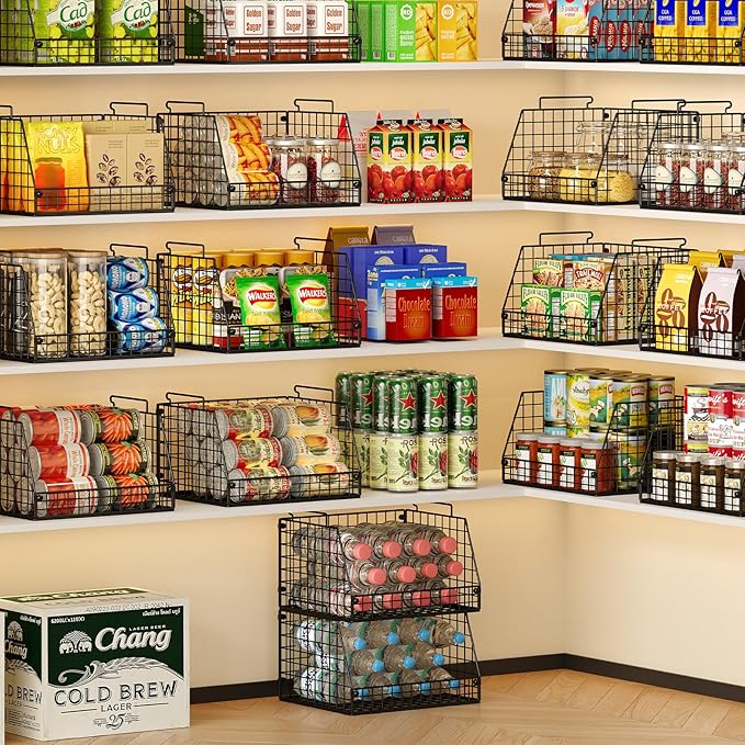 4 Pack XXL Stackable Wire Storage Basket, Extra Large Capacity Pantry Organizer and Storage, Muti-Purpose for Vegetable Fruit Basket & Can Organizer & Snack Rack & Metal Pantry Bin